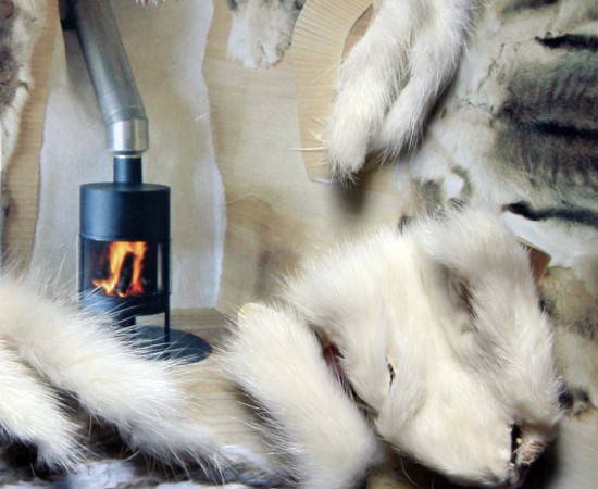 Wood burning Stove and Sheep Pelts