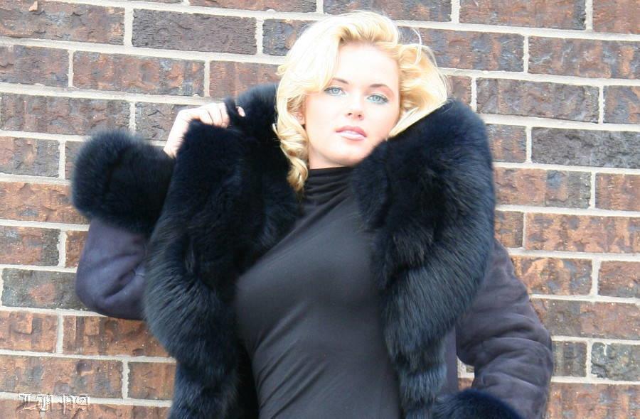 Rhapsody deep blue long shearling coat with fox fur