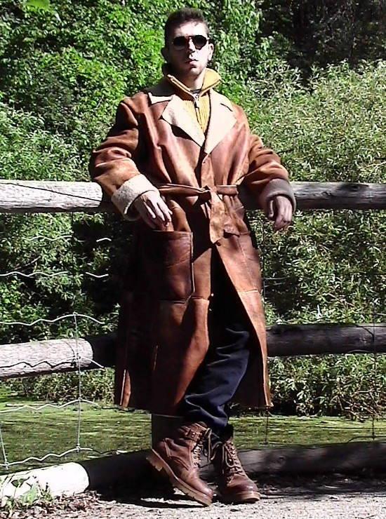 Alaska long mens shearlng coat with belt