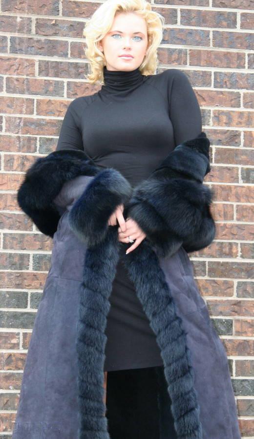 Rhapsody - blue long shearling coat with fox fur for ladies